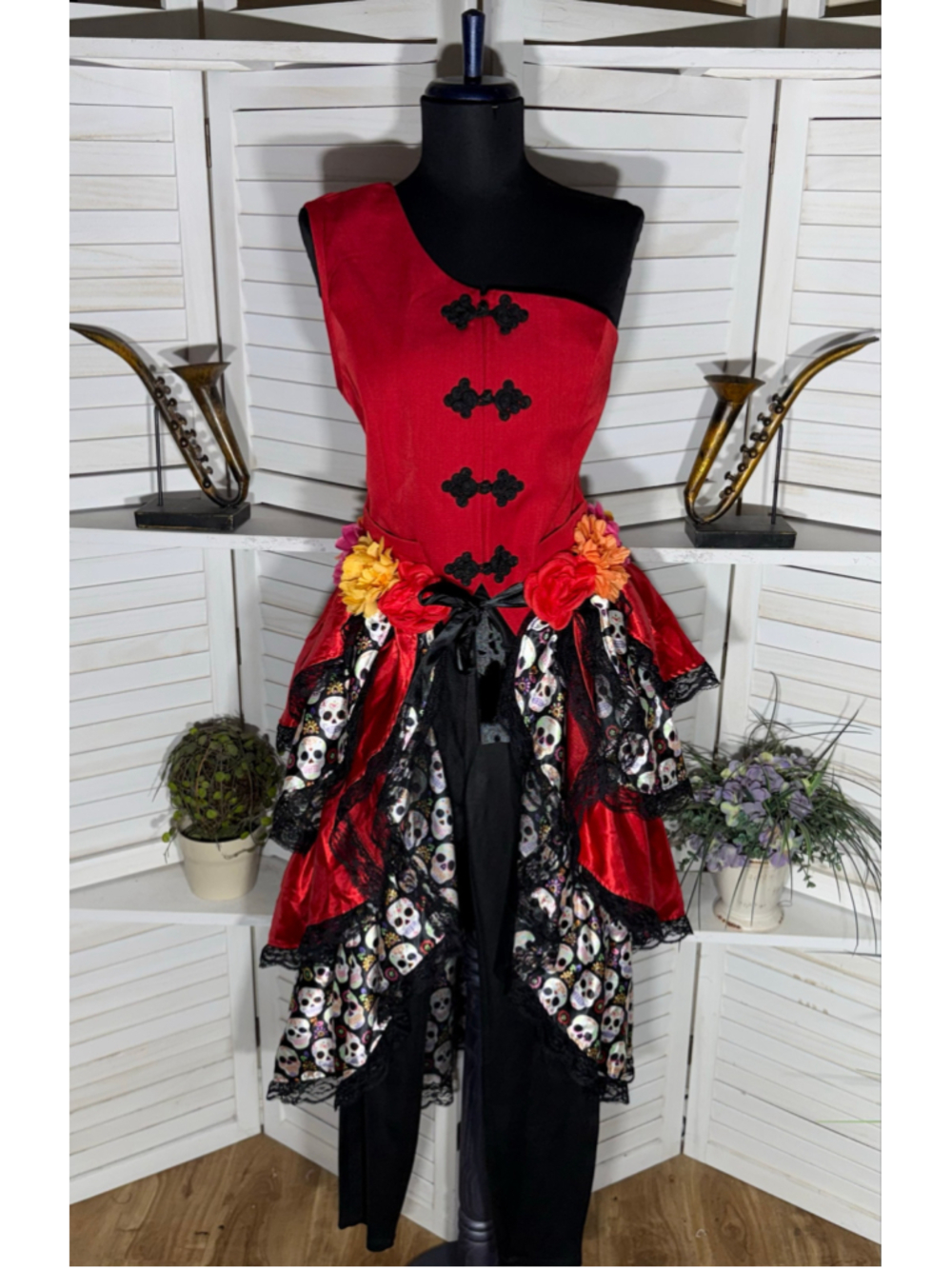 Dia De Los Muertos Katrina costume set top layered skirt leggings Halloween M L